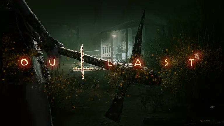 Outlast 2 game art showing a player holding a pick-axe.