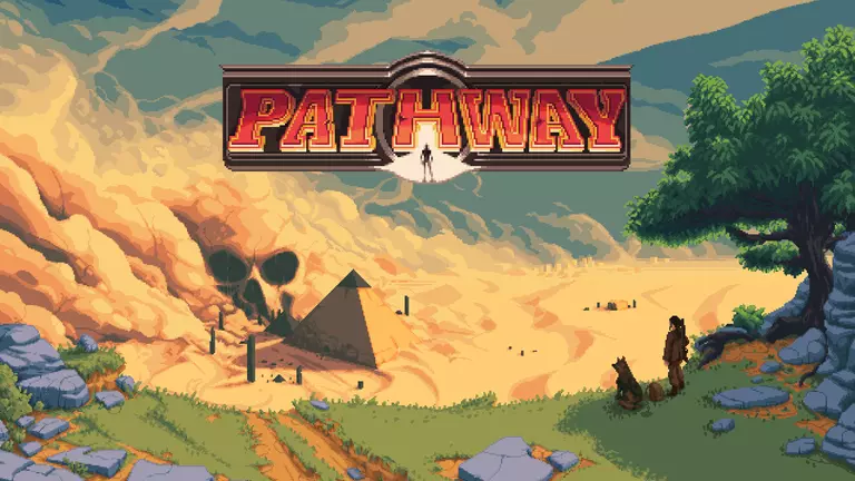 Pathway game art showing a player looking over a valley and a pyramid.