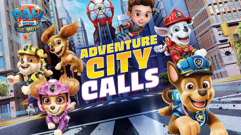 PAW Patrol The Movie: Adventure City Calls game art showing city and cast of characters.