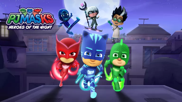 PJ Masks: Heroes of the Night game art showing characters on a rooftop.