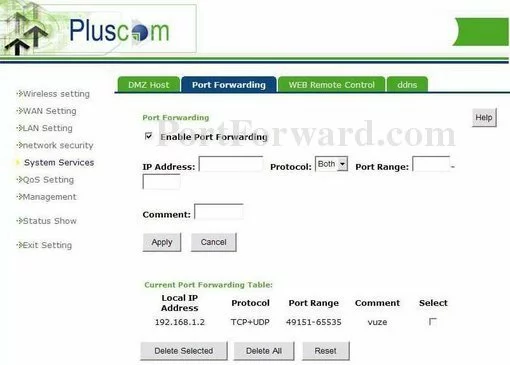 Pluscom WR2-RTL8186 port forward