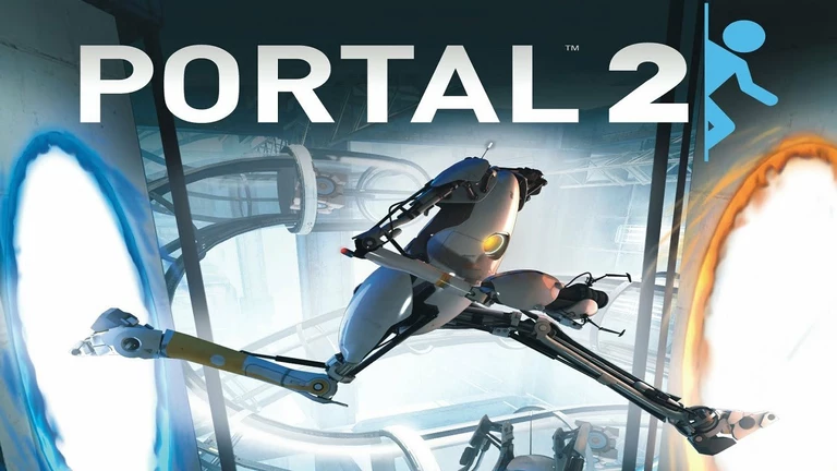 Portal 2 game artwork featuring P-body traveling between portals
