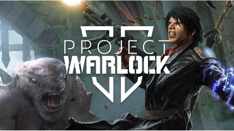 Project Warlock II artwork showing the protagonist in combat with guns in hands and sword on back