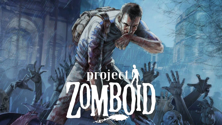 Project Zomboid game artwork showing a survivor surrounded by zombies