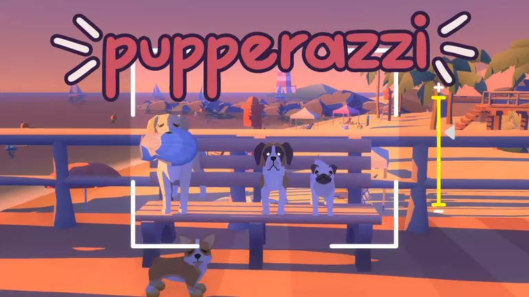 Pupperazzi image showing four dogs getting their photo taken on a boardwalk