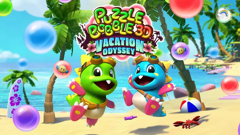 Puzzle Bobble 3D: Vacation Odyssey visual featuring Bub and Bob on a beach