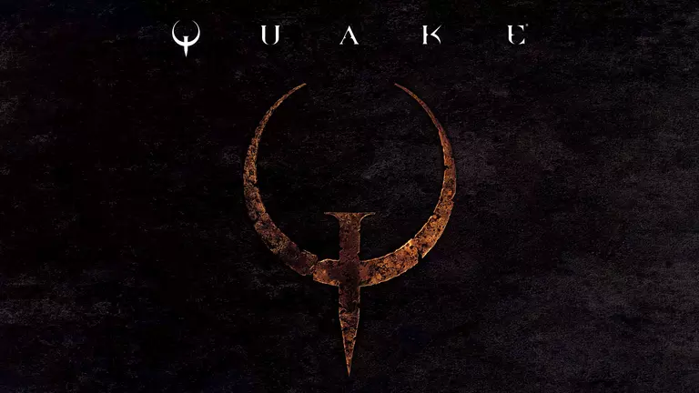Quake (2021) game art showing a metal logo on a black background.