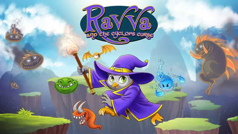 Ravva and the Cyclops Curse game art showing a character jumping across a ravine. 