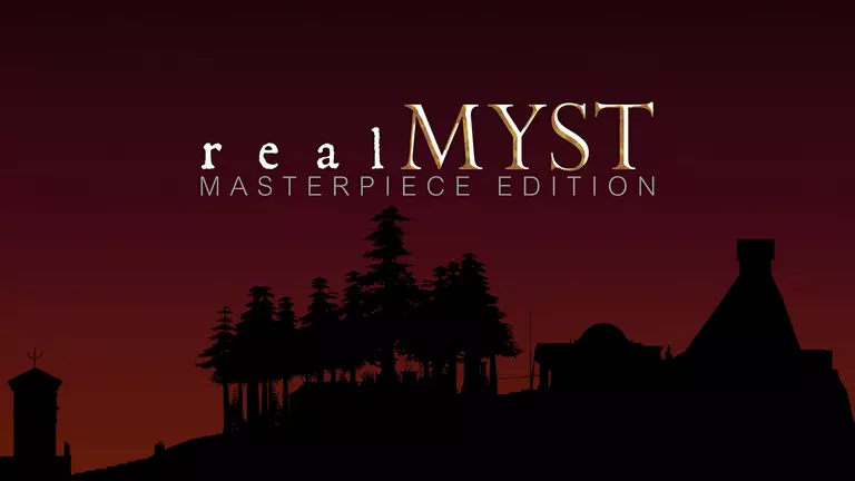 realMyst: Masterpiece Edition game art showing a silhouette of trees and buildings.