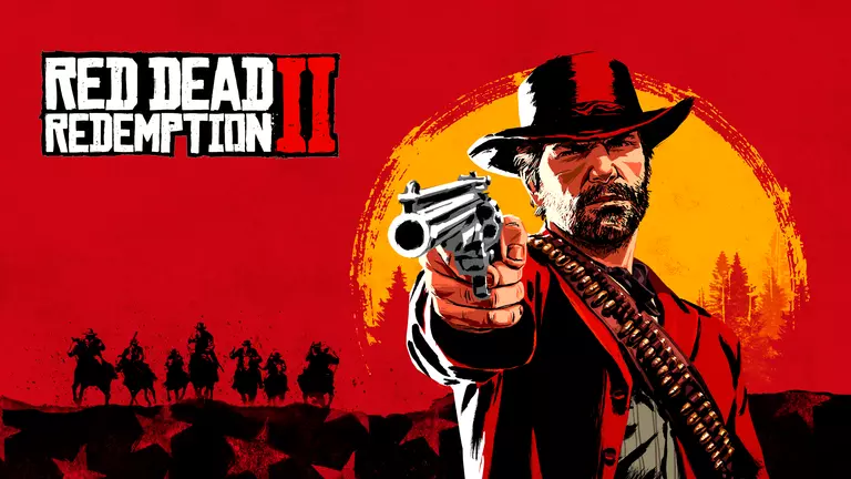 Red Dead Redemption 2 game art showing player pointing a revolver at the viewer.