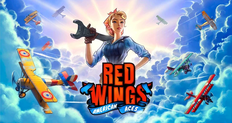 Red Wings: American Aces game art showing character holding a wrench as planes fly around in the background.