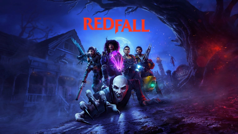 Redfall game art showing characters at a haunted house