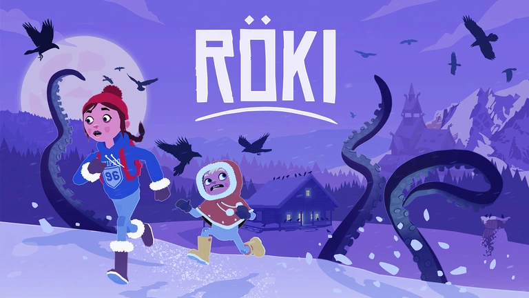 Röki game art showing kids running in the snow being chased by tentacles