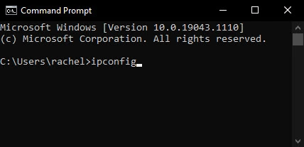 Command prompt with ipconfig command entered