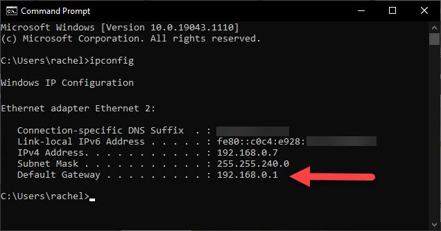 Command prompt with ipconfig network details and default gateway