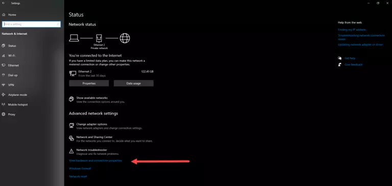 View hardware and connection properties of Settings menu in Windows 10