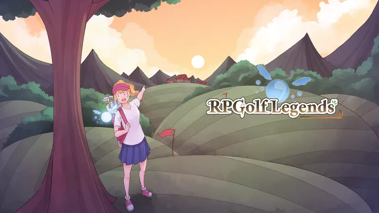 RPGolf Legends game art showing character pointing toward a town