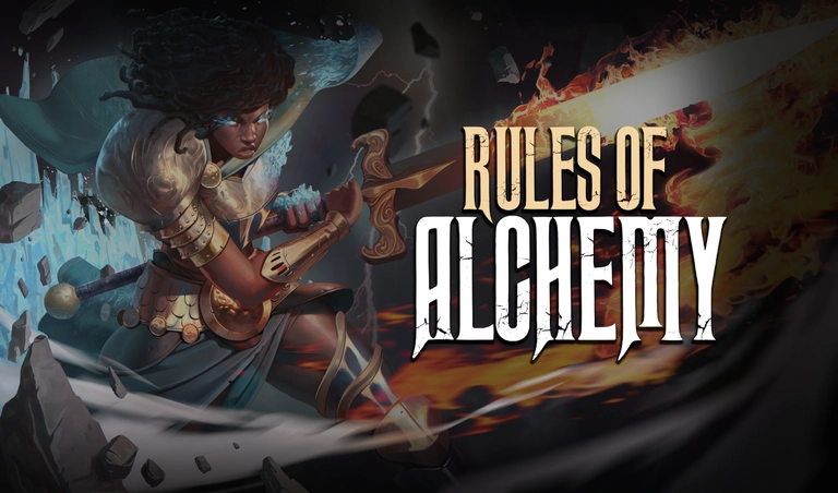 Rules of Alchemy game art showing a character with a burining sword.