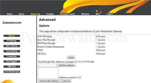 Sagemcom Fast 3284 Advanced Options