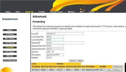 Sagemcom Fast 3284 Forwarding - Add