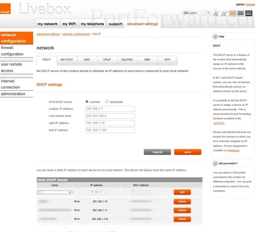 Sagemcom Orange Livebox 3 DHCP Settings
