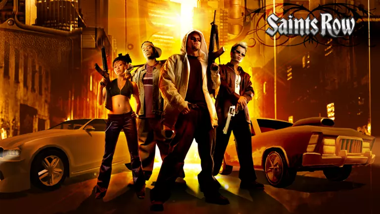 Saints Row street gang holding guns and standing by their hot cars.