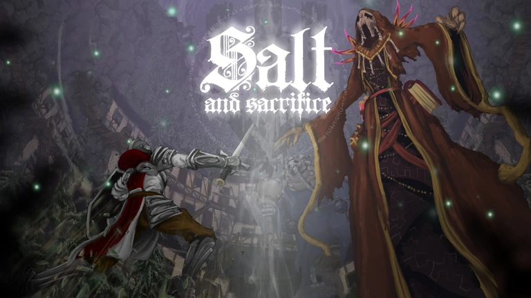 Salt and Sacrifice game art showing a knight in combat with a fallen lord.