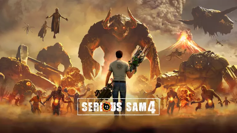 Serious Sam 4 artwork featuring Sam going up against a horde of invaders