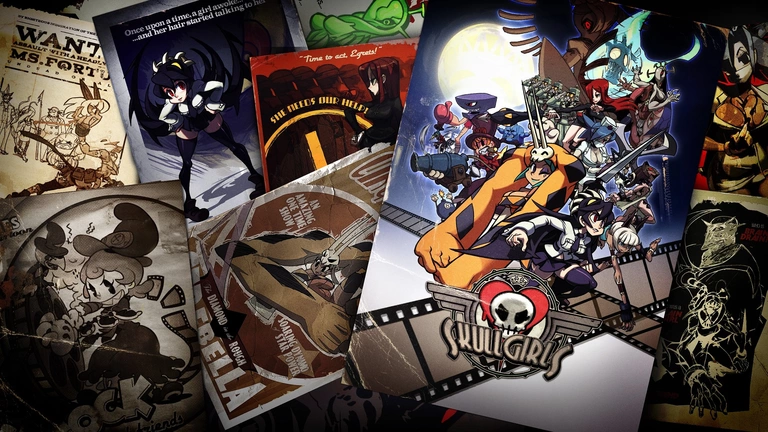 Skullgirls game art showing various characters on posters