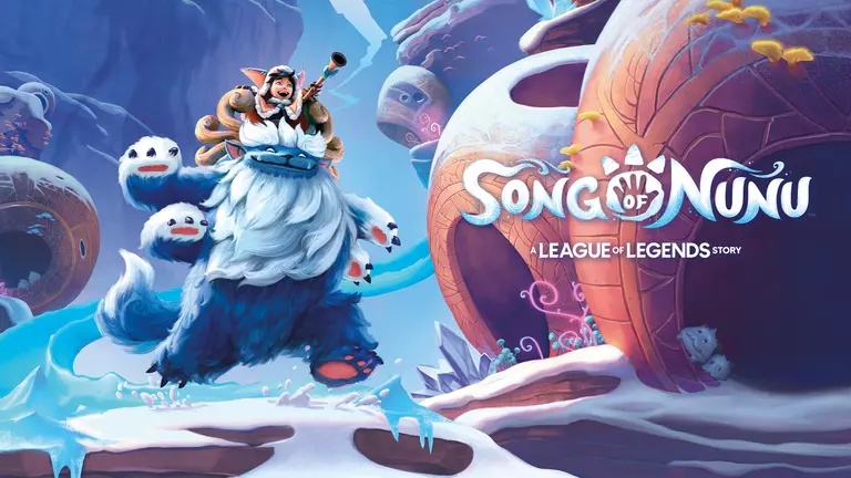 Song of Nunu: A League of Legends Story artwork featuring Nunu and the yeti Willump running through a village