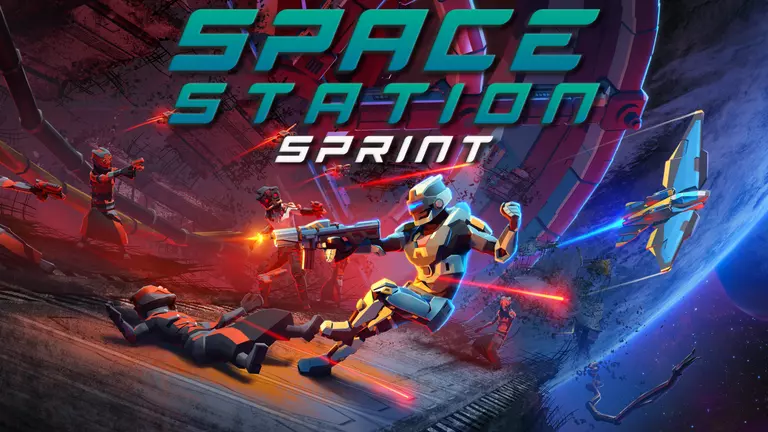 Space Station Sprint character shooting at enemies.