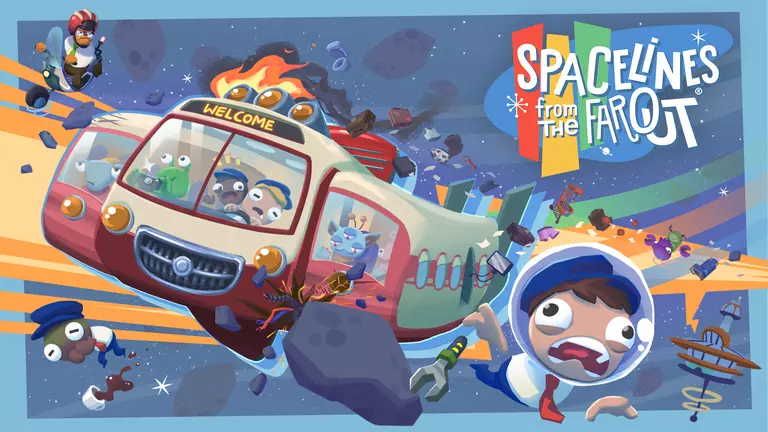 Spacelines from the Far Out game art showing spaceship full of passengers.