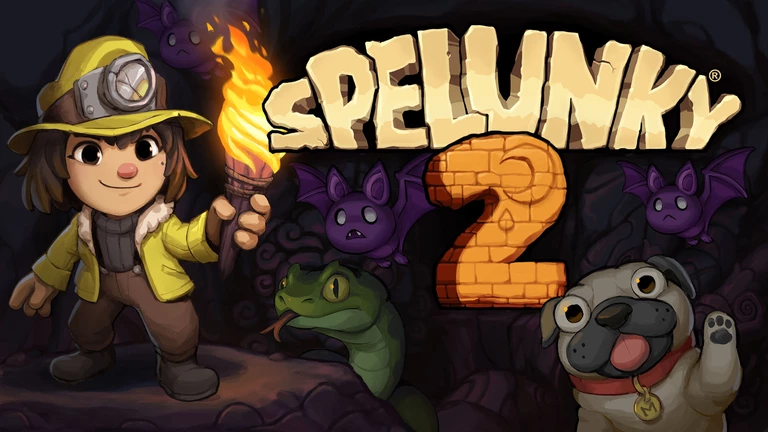 Spelunky 2 artwork featuring Ana Spelunky and Monty the dog in a cave with some monsters