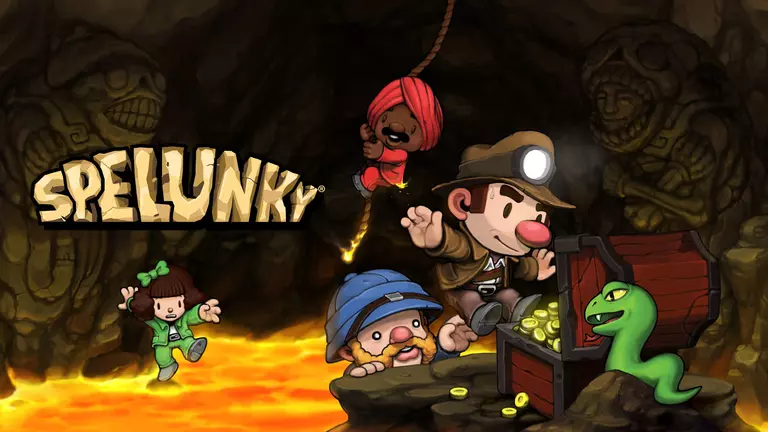 Spelunky characters exploring a lava tube and finding a chest full of treasure.