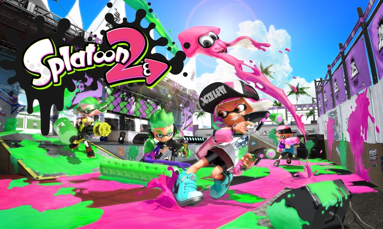 Splatoon 2 artwork showing Inklings and Octolings in a match
