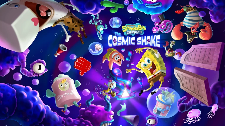 SpongeBob Squarepants: The Cosmic Shake characters floating in space.