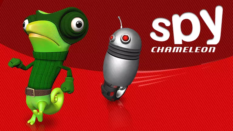 Spy Chameleon game characters on red background.