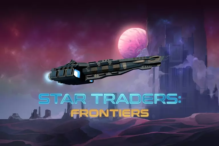 Star Traders: Frontiers game art showing a ship flying by a planet.