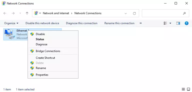 windows 11 network connections popup menu