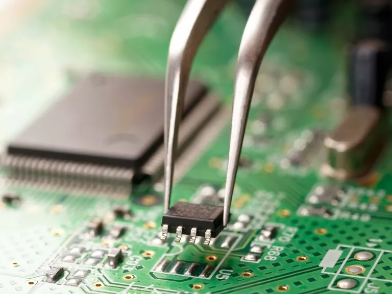 a green circuit board with a chip in tweezers