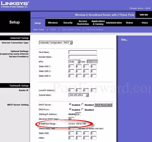 Linksys Router DHCP Range