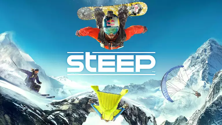 Steep game art showing players skiing, snowboarding, base jumping, and wearing a wing-suit.