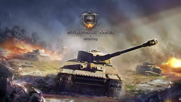 Strategic Mind: Blitzkrieg artwork featuring tanks on a battlefield in combat