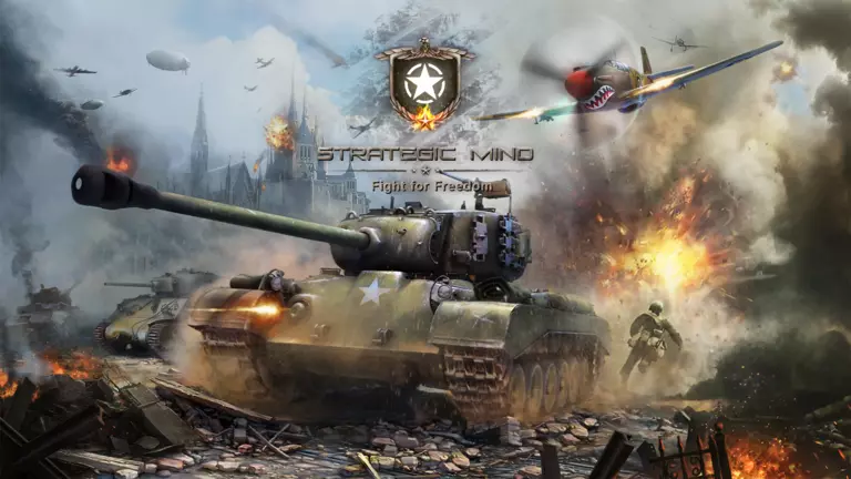 Strategic Mind: Fight for Freedom artwork featuring aircraft, tanks, and a soldier in combat