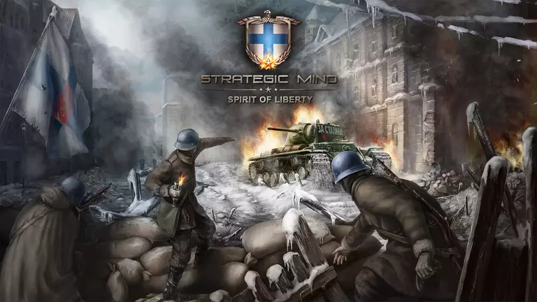 Strategic Mind: Spirit of Liberty artwork featuring soldiers behind cover in combat with a tank