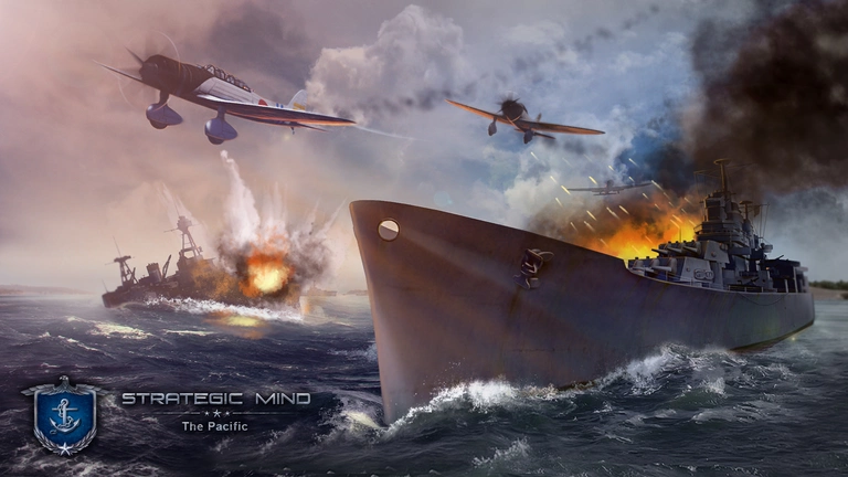 Strategic Mind: The Pacific artwork featuring ships in combat with planes