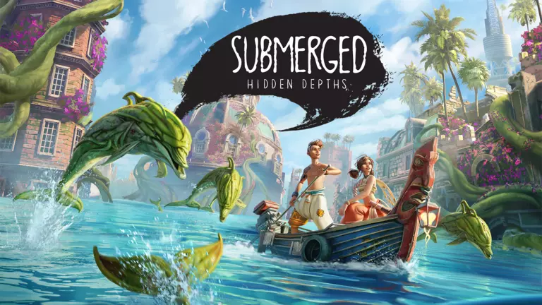 Submerged: Hidden Depths game artwork featuring the siblings Taku and Miku on a boat in the ruins of a flooded city