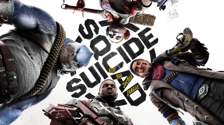 Suicide Squad: Kill the Justice League artwork featuring Harley Quinn, Deadshot, Captain Boomerang, and King Shark