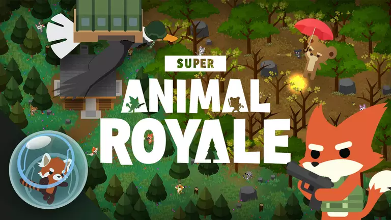 Super Animal Royale game art with characters and a forest in the background.