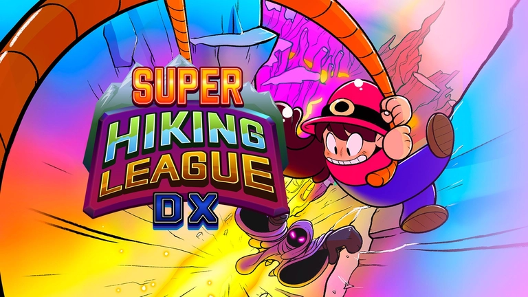 Super Hiking League DX game art showing character holding onto a rope.